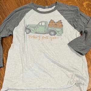 Gray and White Raglan Tee with Fall Truck Print